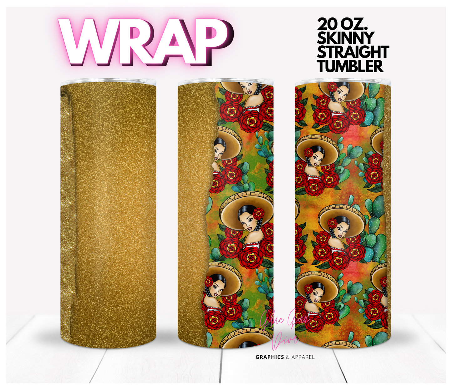 Rosita in Gold torn paper-  Digital tumbler wrap for 20 oz skinny straight tumbler