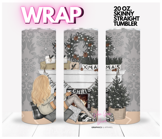 Elegant Christmas Fireplace Blonde - Digital tumbler wrap for 20 oz skinny straight tumbler