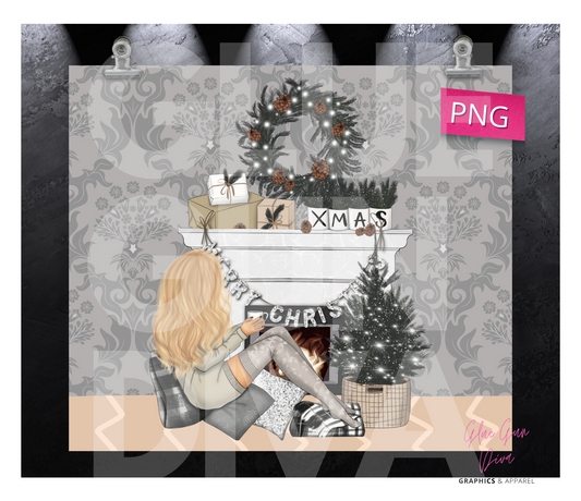 Elegant Christmas Fireplace Blonde - Digital tumbler wrap for 20 oz skinny straight tumbler