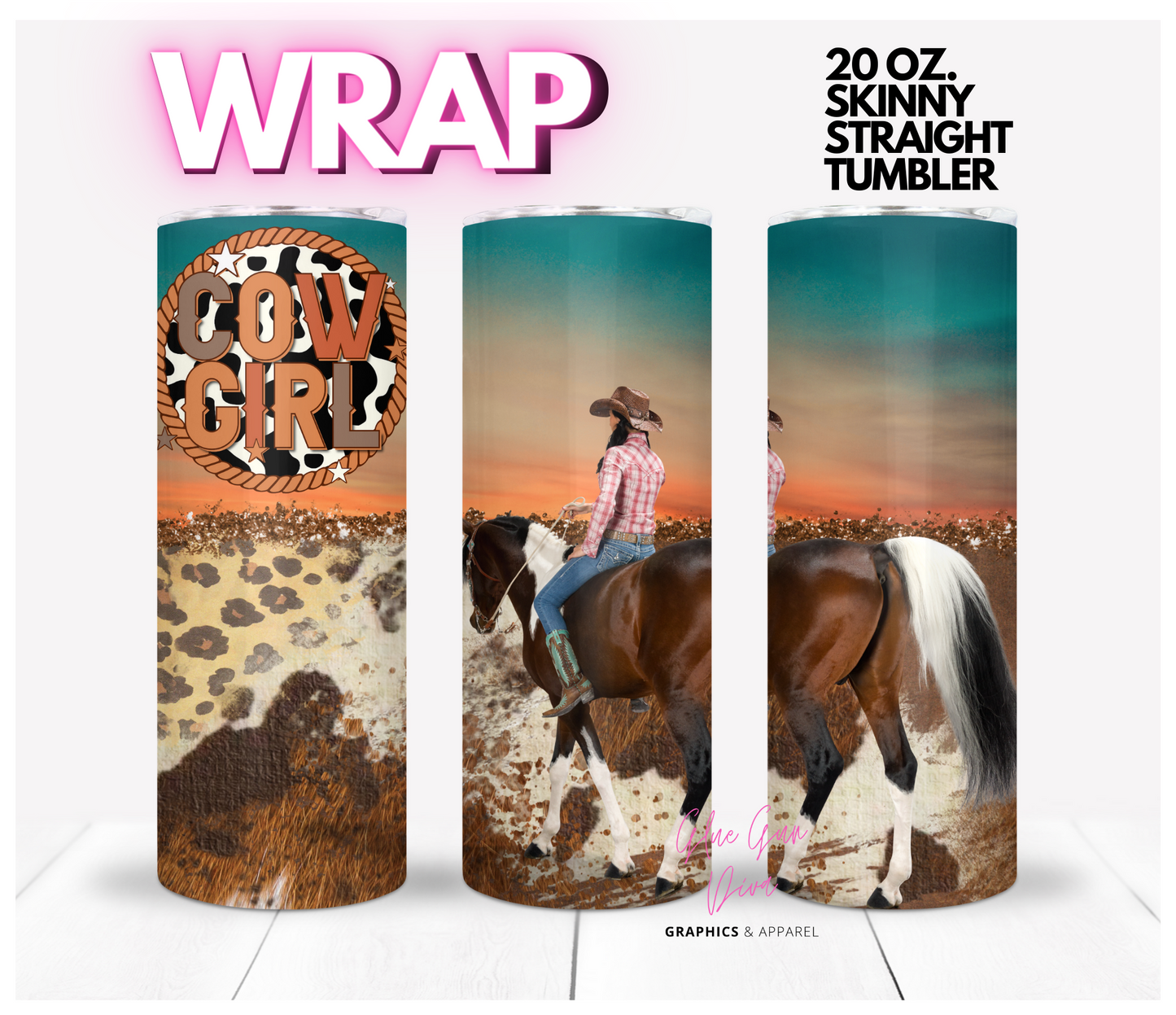 CowGirl Horse Sunset -  Digital tumbler wrap for 20 oz skinny straight tumbler