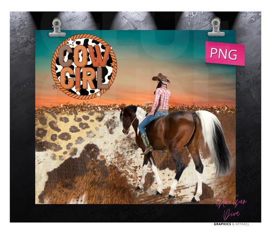 CowGirl Horse Sunset -  Digital tumbler wrap for 20 oz skinny straight tumbler