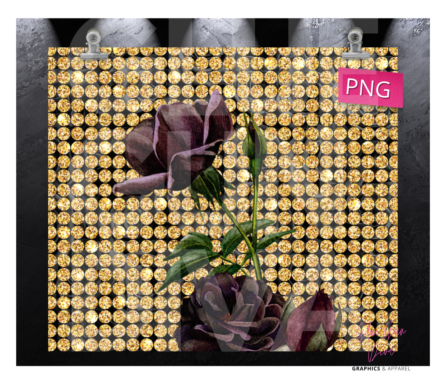 Gold Rhinestone and Dark Roses -  Digital tumbler wrap for 20 oz skinny straight tumbler