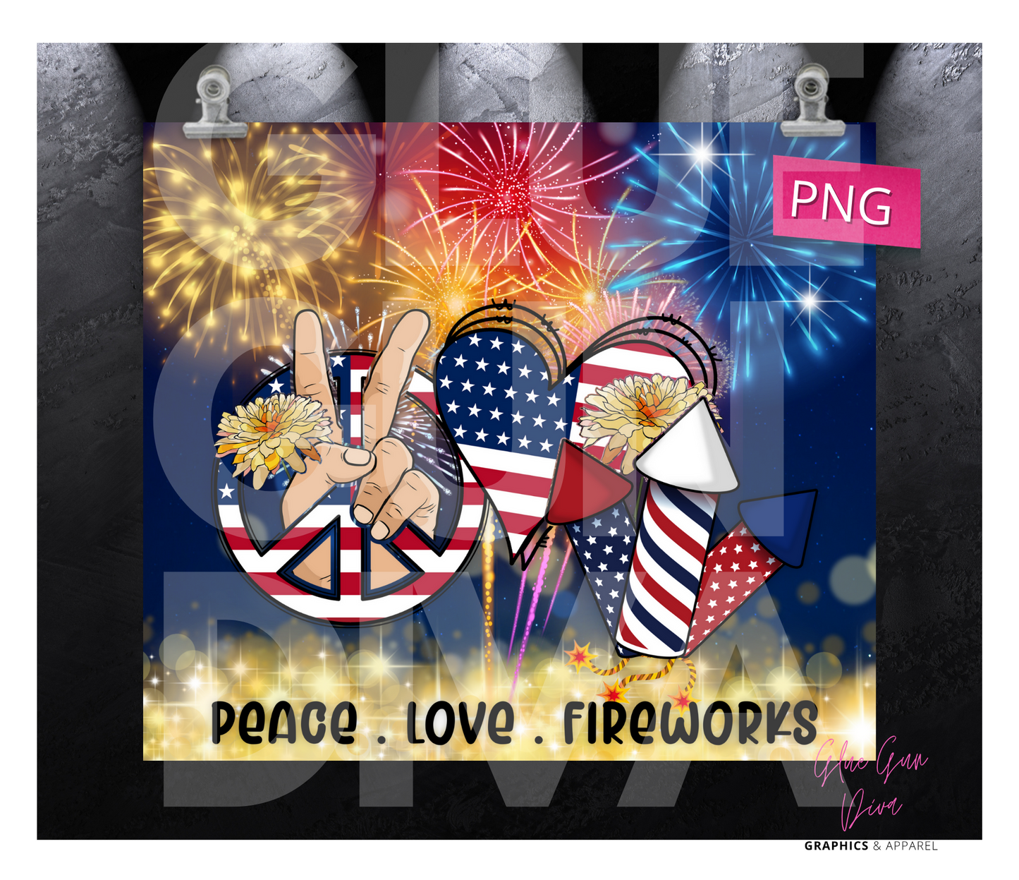 Peace  Love Fireworks-   Digital tumbler wrap for 20 oz skinny straight tumbler