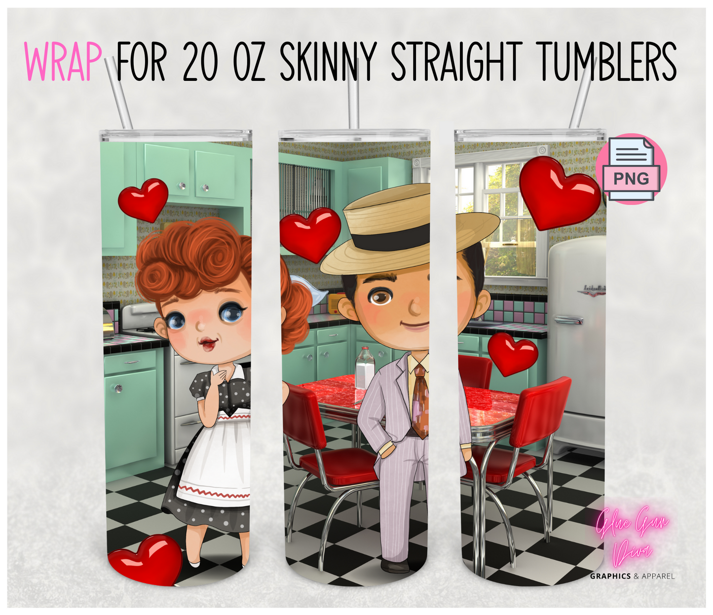 Lucy and Ricky Kitchen - Digital tumbler wrap for 20 oz skinny straight tumbler