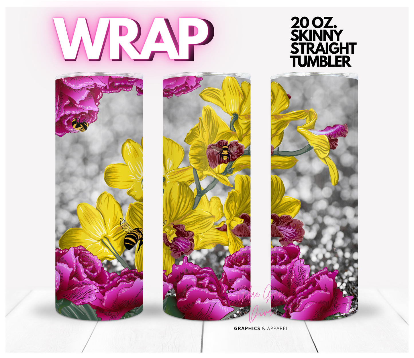 Yellow and Pink Flowers- Digital tumbler wrap for 20 oz skinny straight tumbler