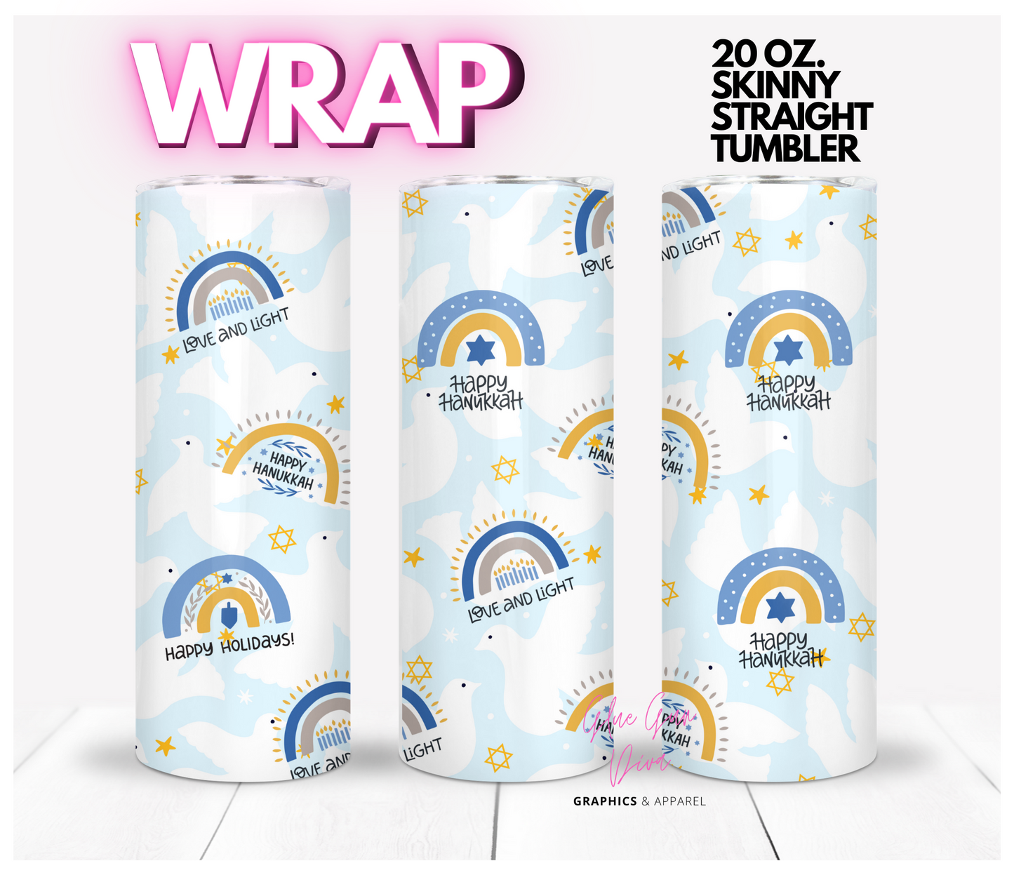 Hanukkah Rainbows- Digital tumbler wrap for 20 oz skinny straight tumbler