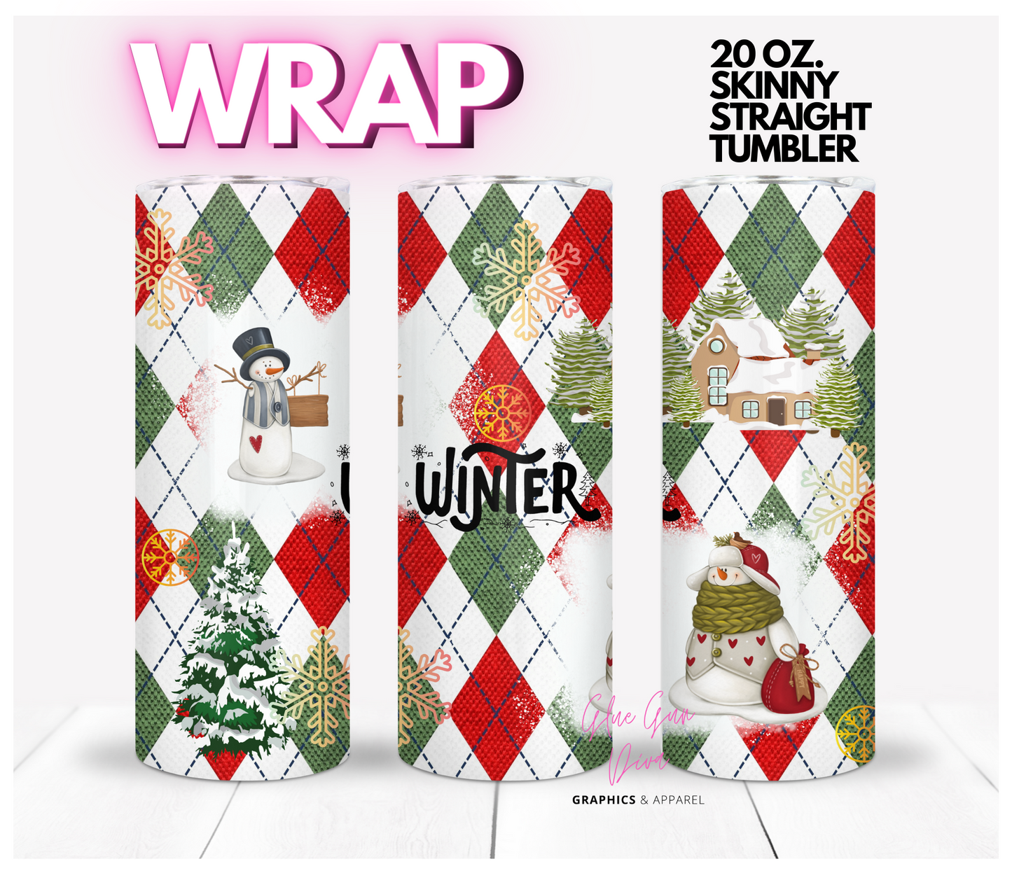 Winter Argyle - Digital tumbler wrap for 20 oz skinny straight tumbler