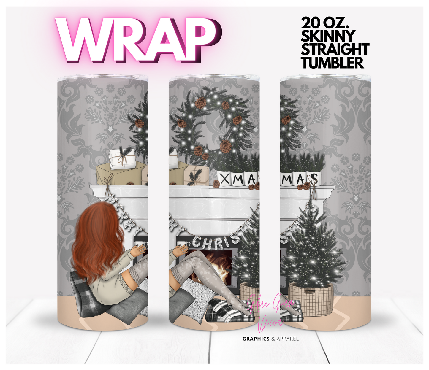 Elegant Christmas Fireplace Red Hair - Digital tumbler wrap for 20 oz skinny straight tumbler