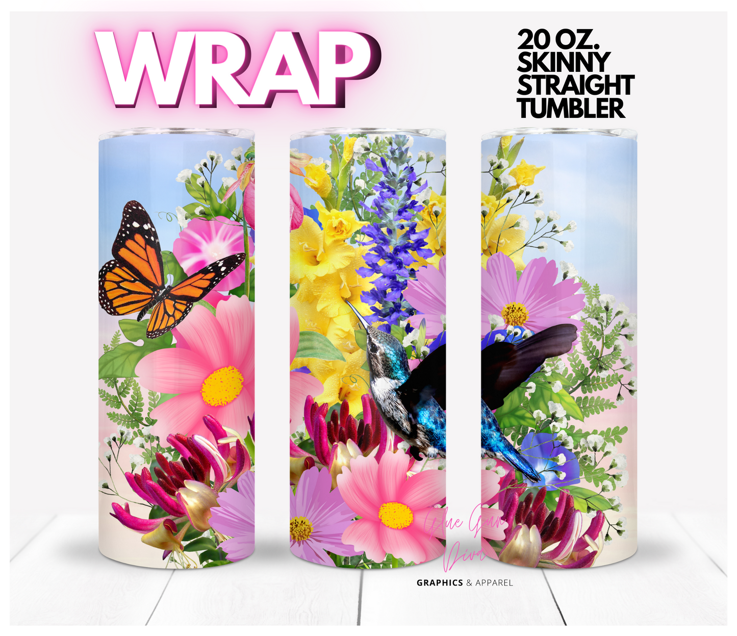 Gorgeous Flowers and a Hummingbird -  Digital tumbler wrap for 20 oz skinny straight tumbler