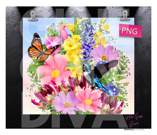 Gorgeous Flowers and a Hummingbird -  Digital tumbler wrap for 20 oz skinny straight tumbler