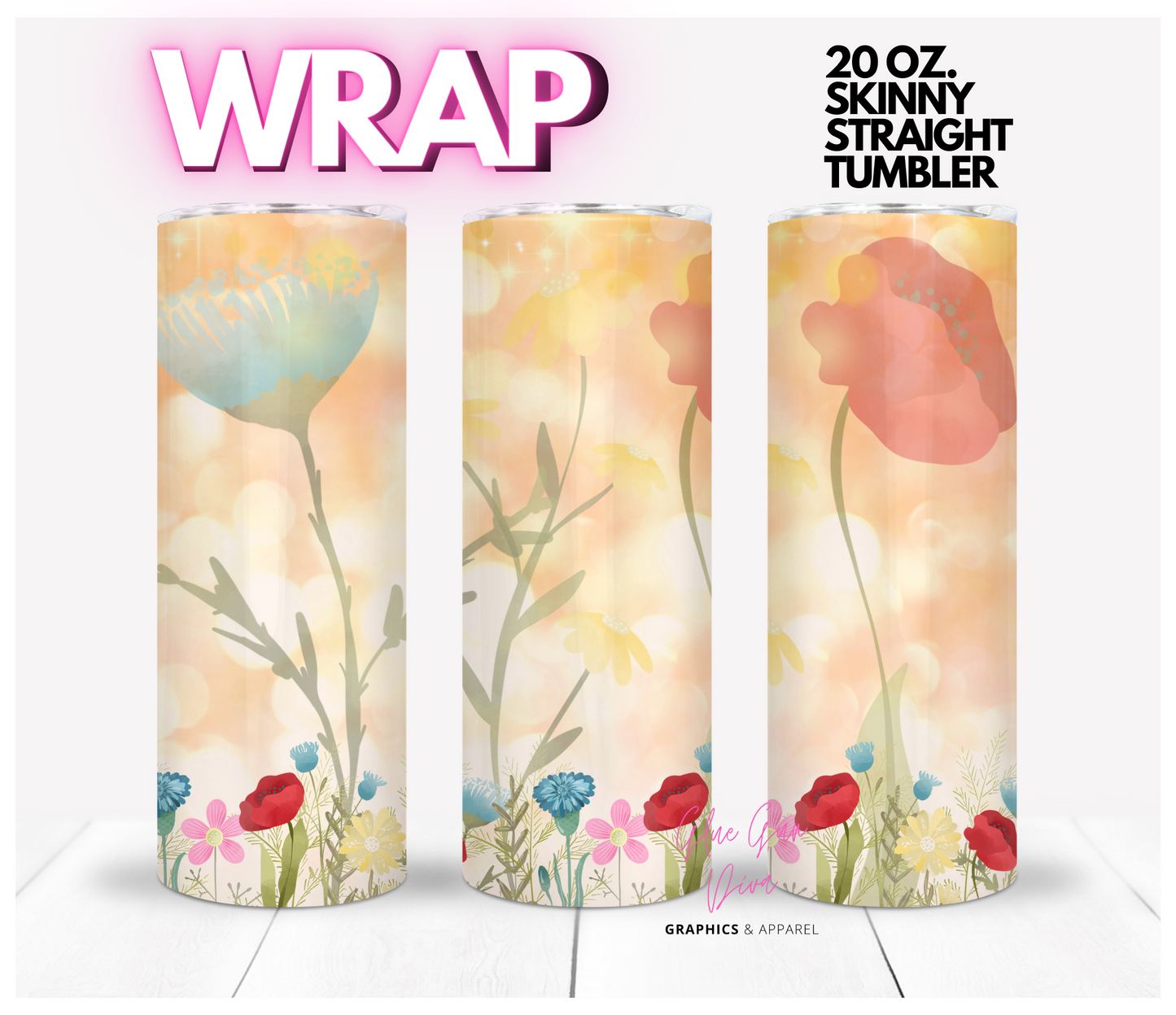 Wild flowers large background- Digital tumbler wrap for 20 oz skinny straight tumbler