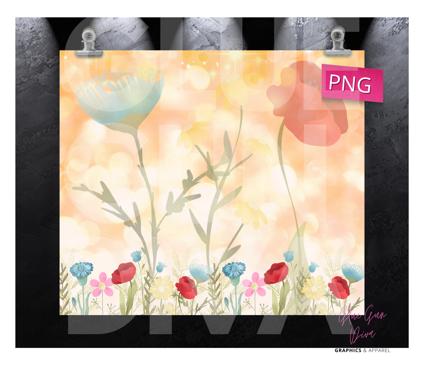 Wild flowers large background- Digital tumbler wrap for 20 oz skinny straight tumbler