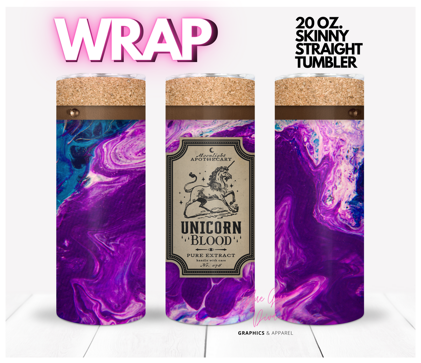 Apothecary Bottle Unicorn Blood - Digital tumbler wrap for 20 oz skinny straight tumbler