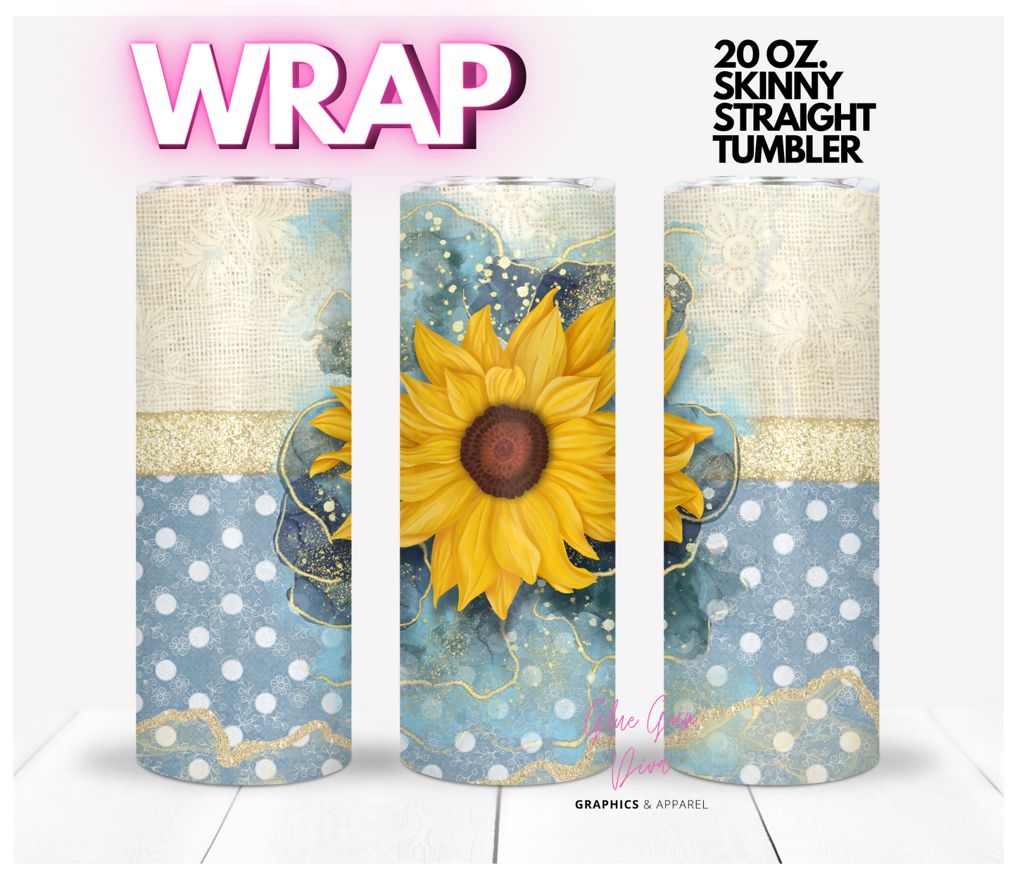 Sunflower Blue and Dots - Digital tumbler wrap for 20 oz skinny straight tumbler