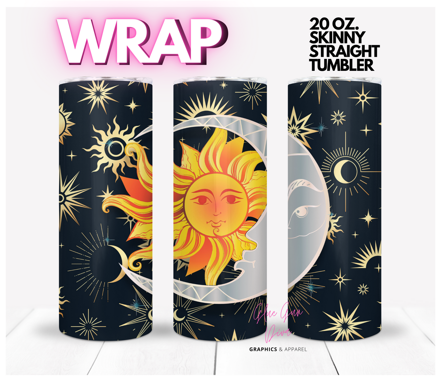 Sun Moon Stars Golden background - Digital tumbler wrap for 20 oz skinny straight tumbler