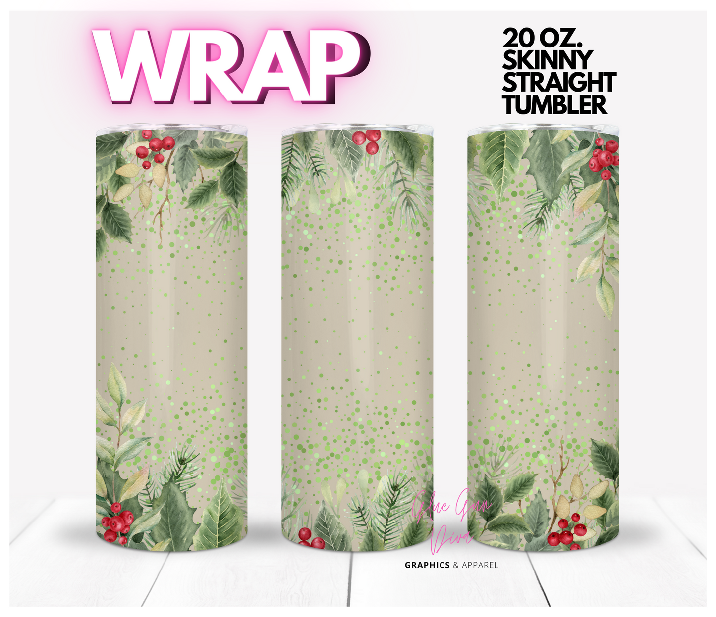 Winter Foliage Border - Digital tumbler wrap for 20 oz skinny straight tumbler