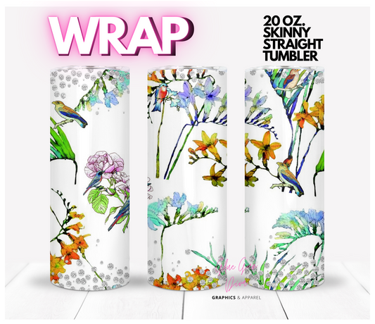 Flowers Birds and diamonds- Digital tumbler wrap for 20 oz skinny straight tumbler