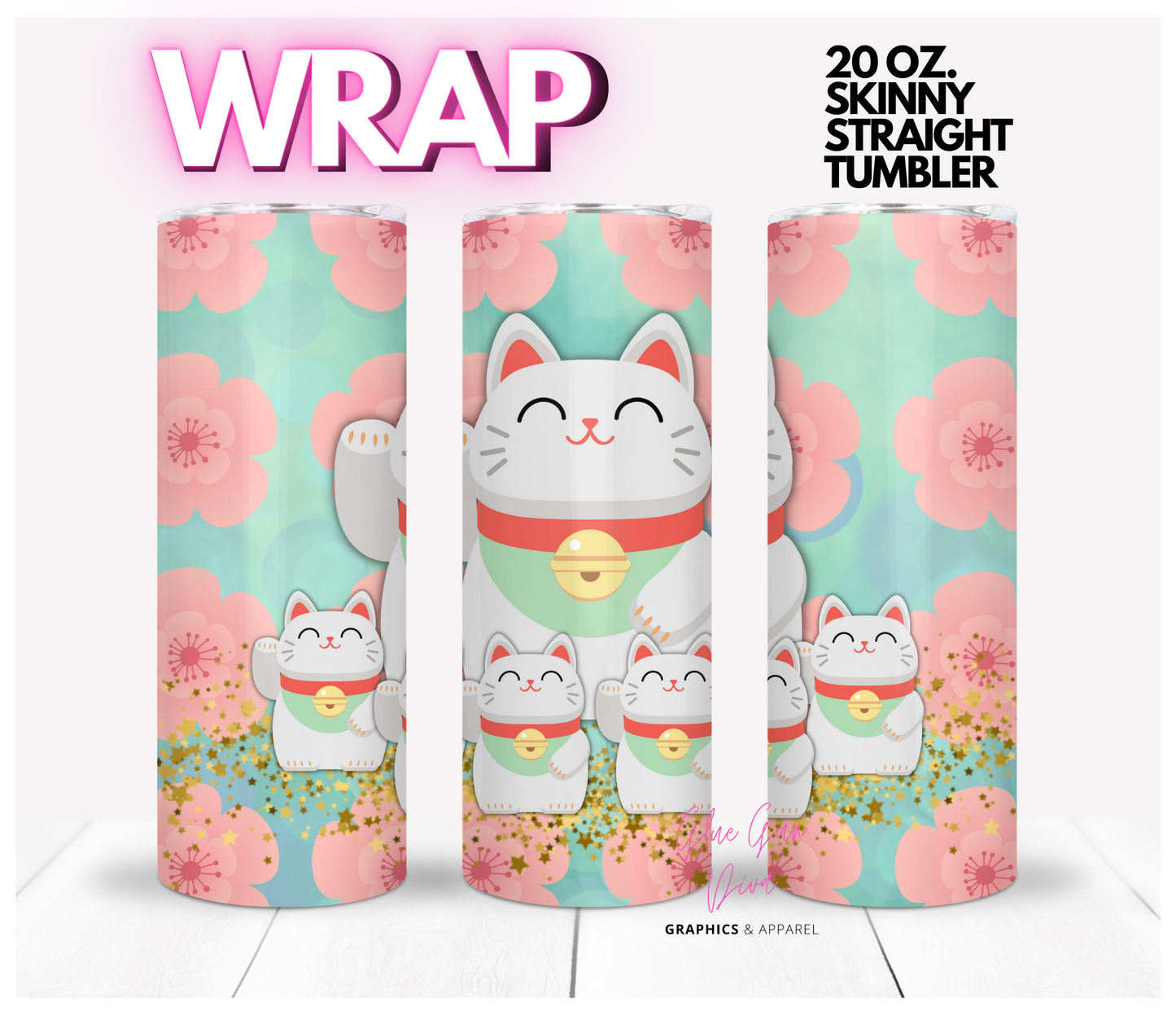 Lucky Cat and kittens - Digital tumbler wrap for 20 oz skinny straight tumbler