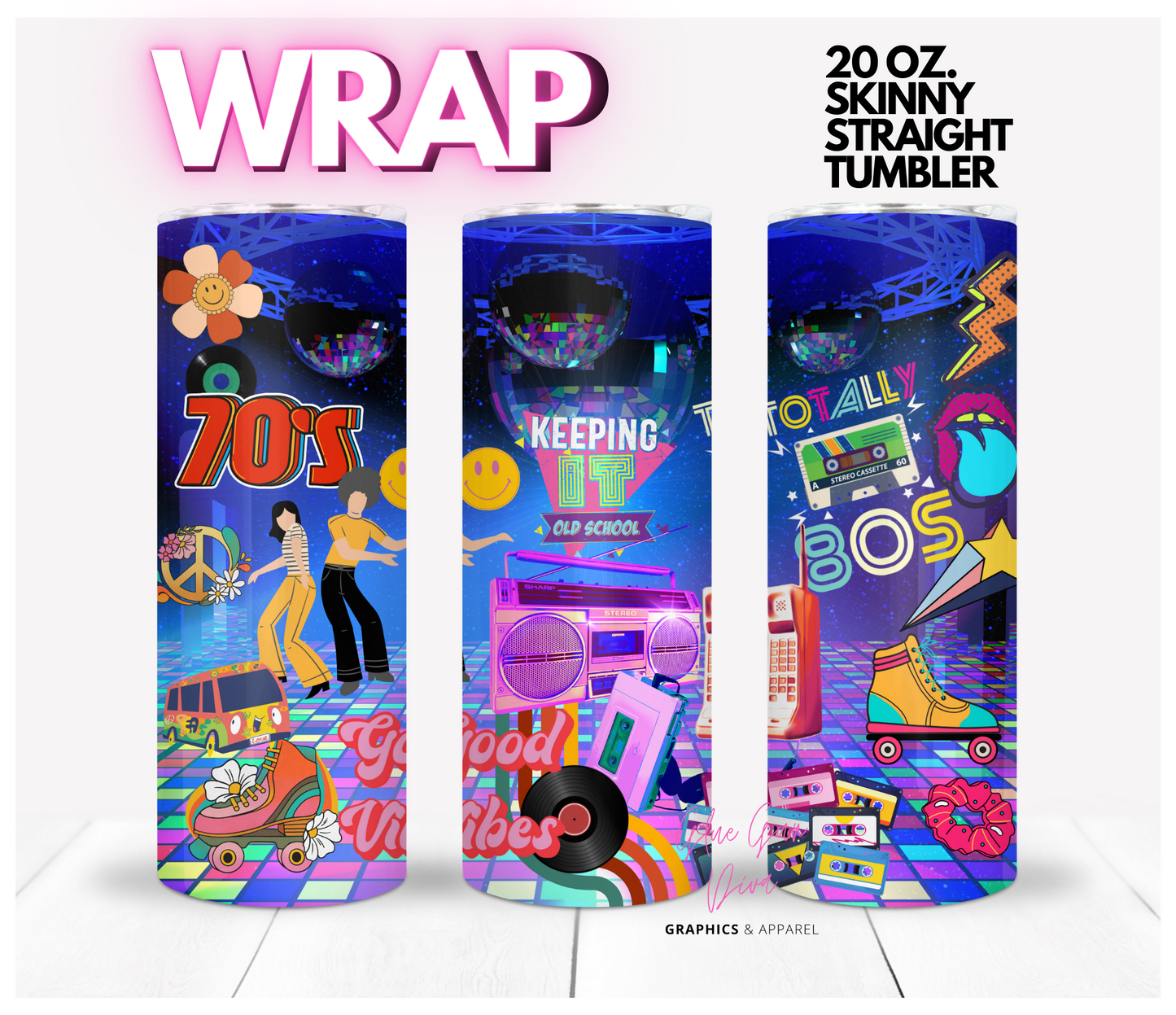 70s and 80s dance party - Digital tumbler wrap for 20 oz skinny straight tumbler