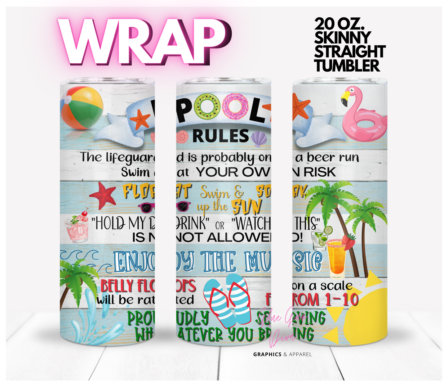 Pool Rules-   Digital tumbler wrap for 20 oz skinny straight tumbler