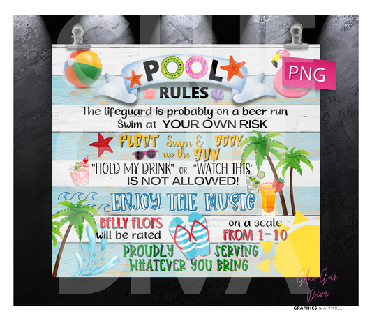 Pool Rules-   Digital tumbler wrap for 20 oz skinny straight tumbler