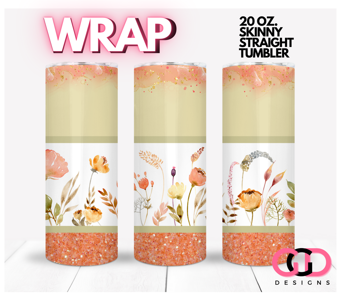 Peach Glitter Flowers - Digital tumbler wrap for 20 oz skinny straight tumbler