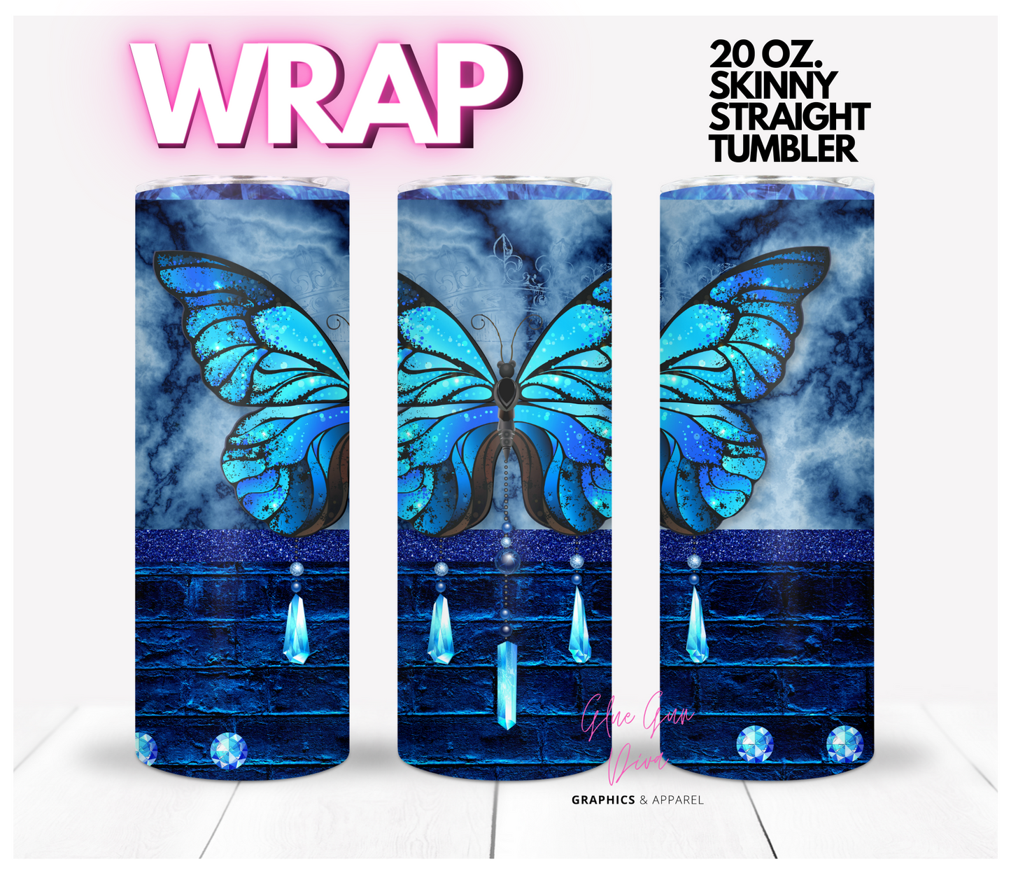 Blue Butterfly Gems- Digital tumbler wrap for 20 oz skinny straight tumbler