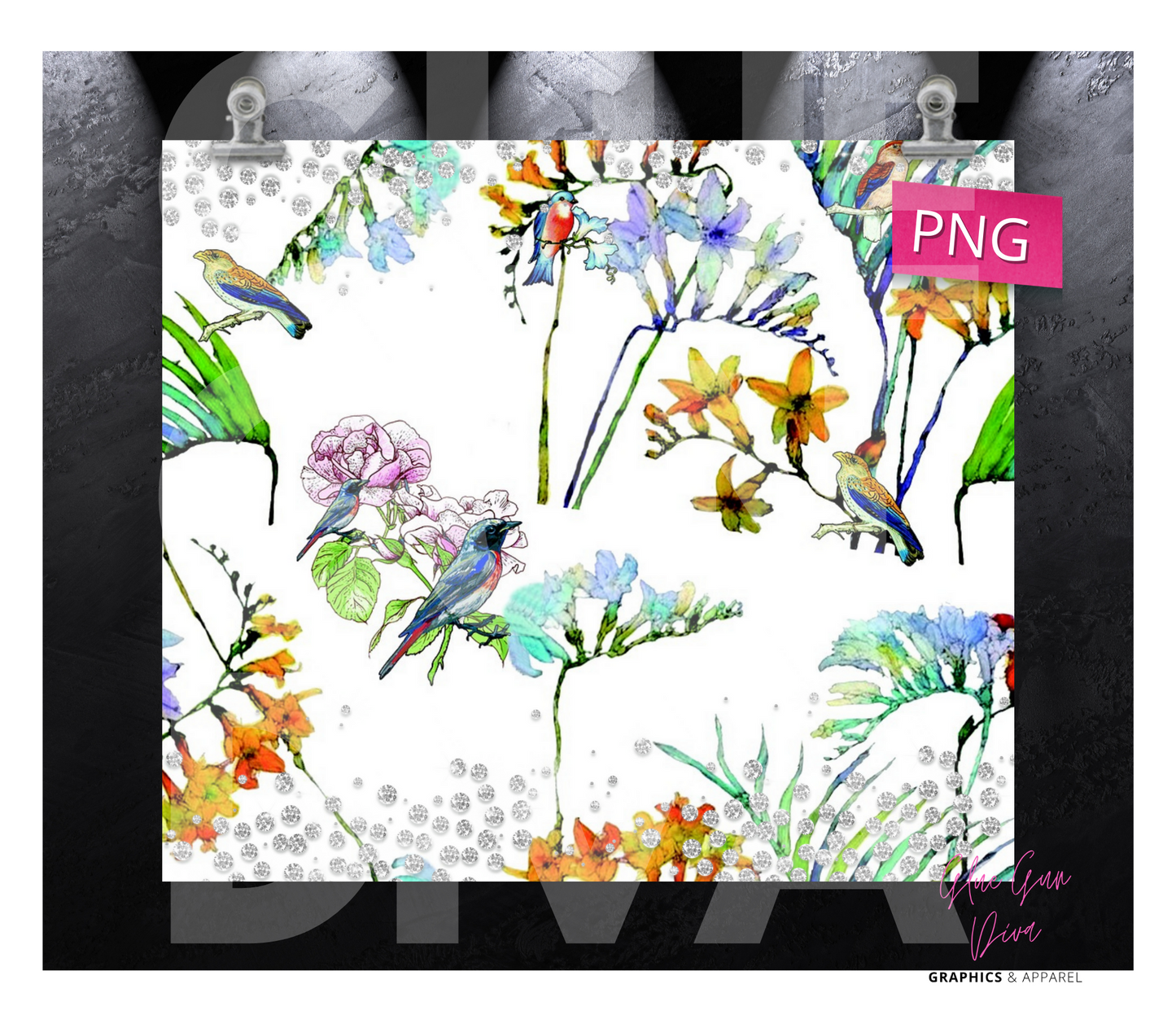 Flowers Birds and diamonds- Digital tumbler wrap for 20 oz skinny straight tumbler