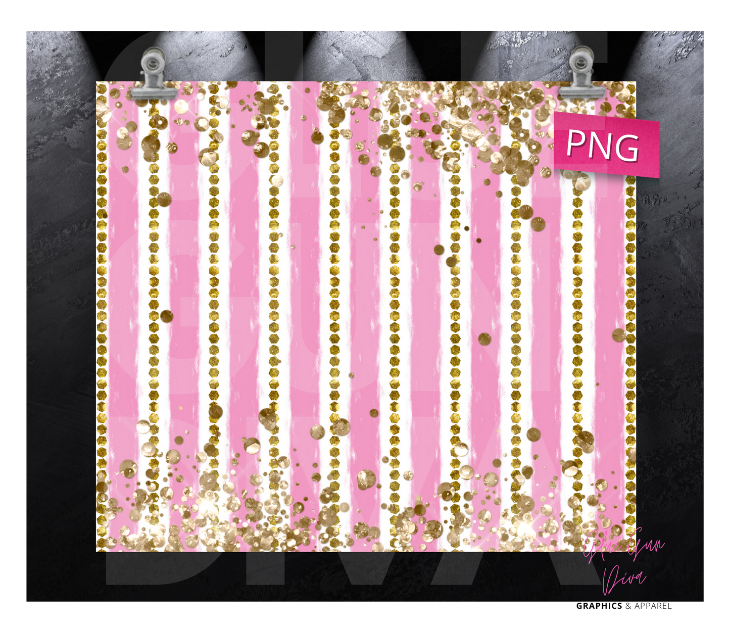 Pink Stripes and Gold Glitter - Digital tumbler wrap for 20 oz skinny straight tumbler