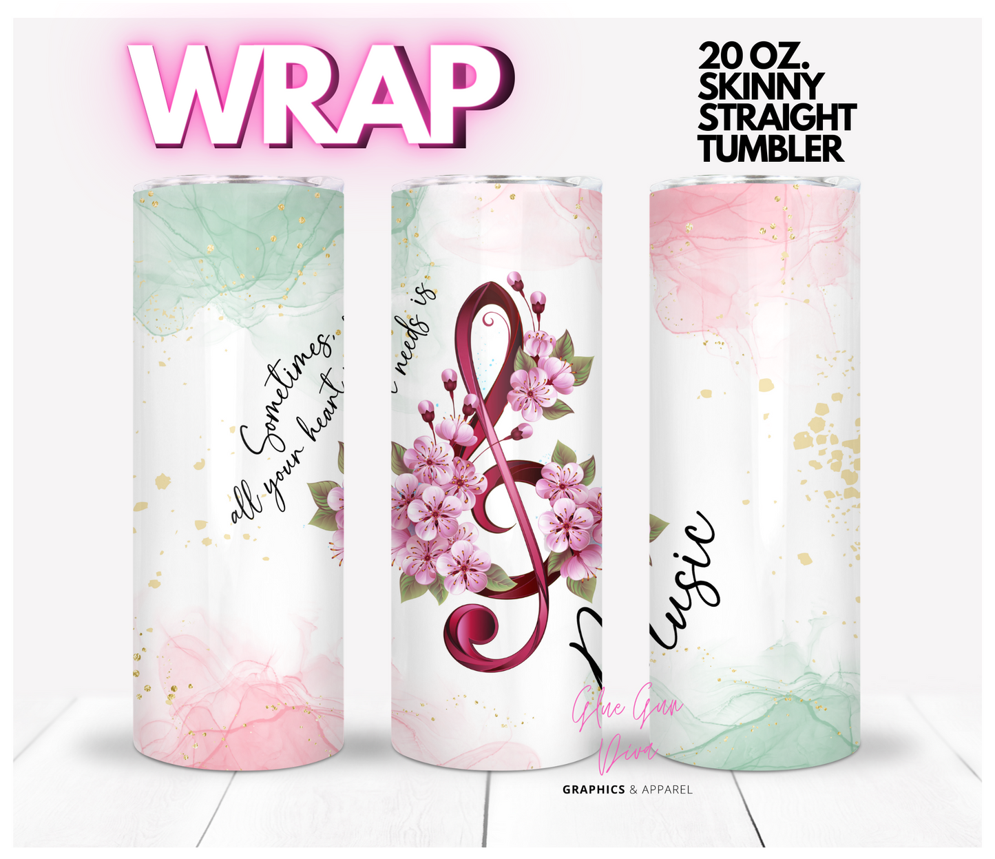 Heart and Music - Digital tumbler wrap for 20 oz skinny straight tumbler