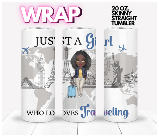 Travel Girl Skin tone 2-  Digital tumbler wrap for 20 oz skinny straight tumbler