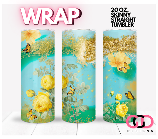 Yellow Flowers and Butterflies glitter - Digital tumbler wrap for 20 oz skinny straight tumbler