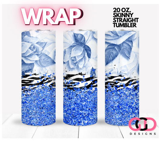 Blue Roses and Zebra Pattern - Digital tumbler wrap for 20 oz skinny straight tumbler