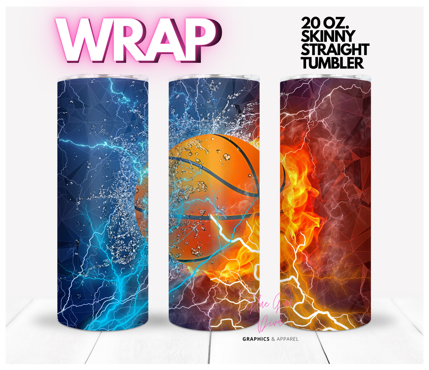 Basketball Fire & Ice - Digital tumbler wrap for 20 oz skinny straight tumbler