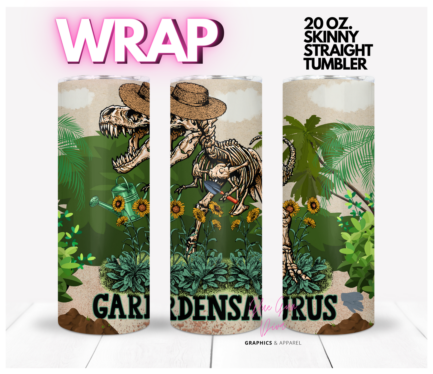 Gardensaurus-   Digital tumbler wrap for 20 oz skinny straight tumbler