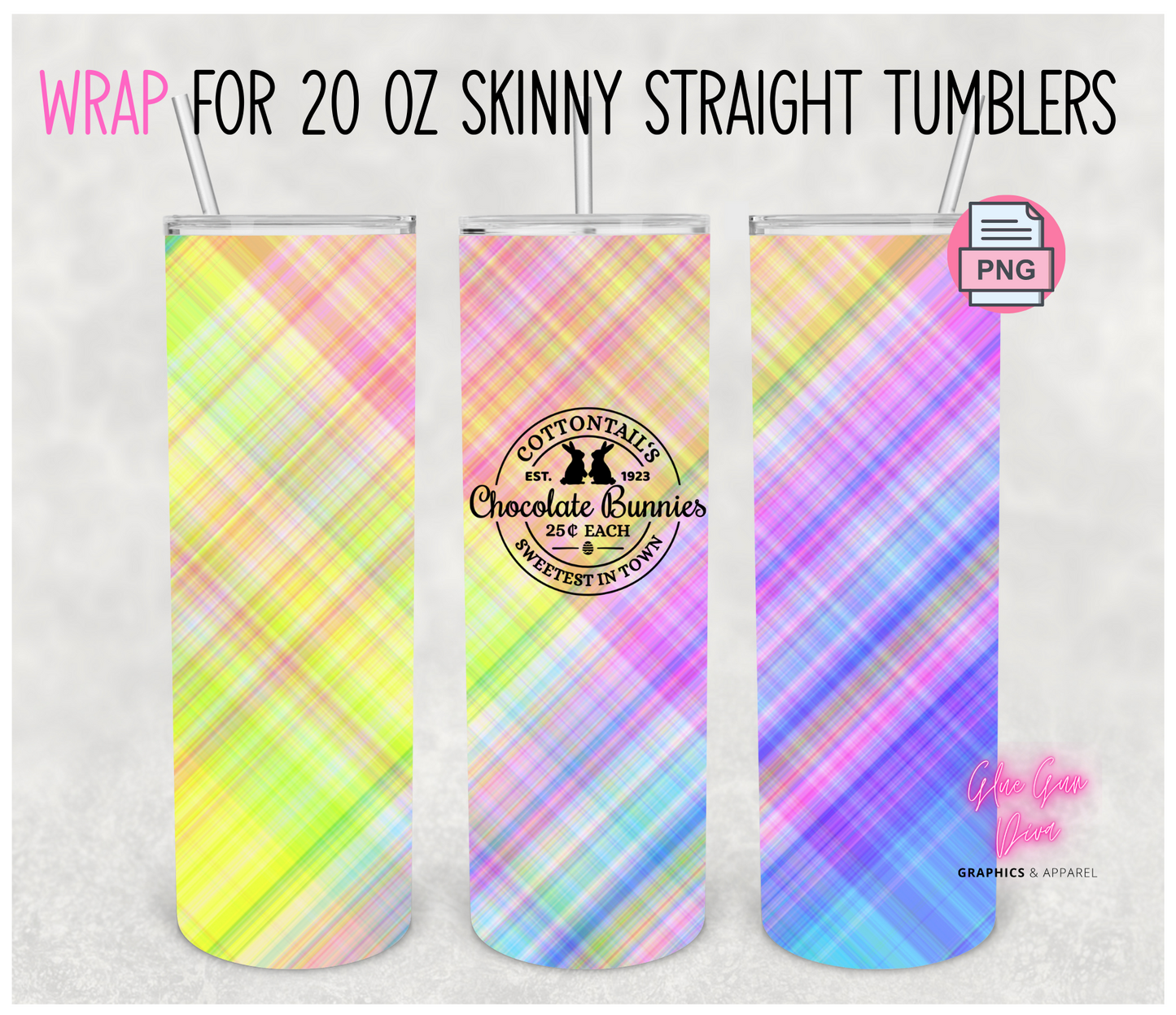 Chocolate Bunnies Plaid  - Digital tumbler wrap for 20 oz skinny straight tumbler