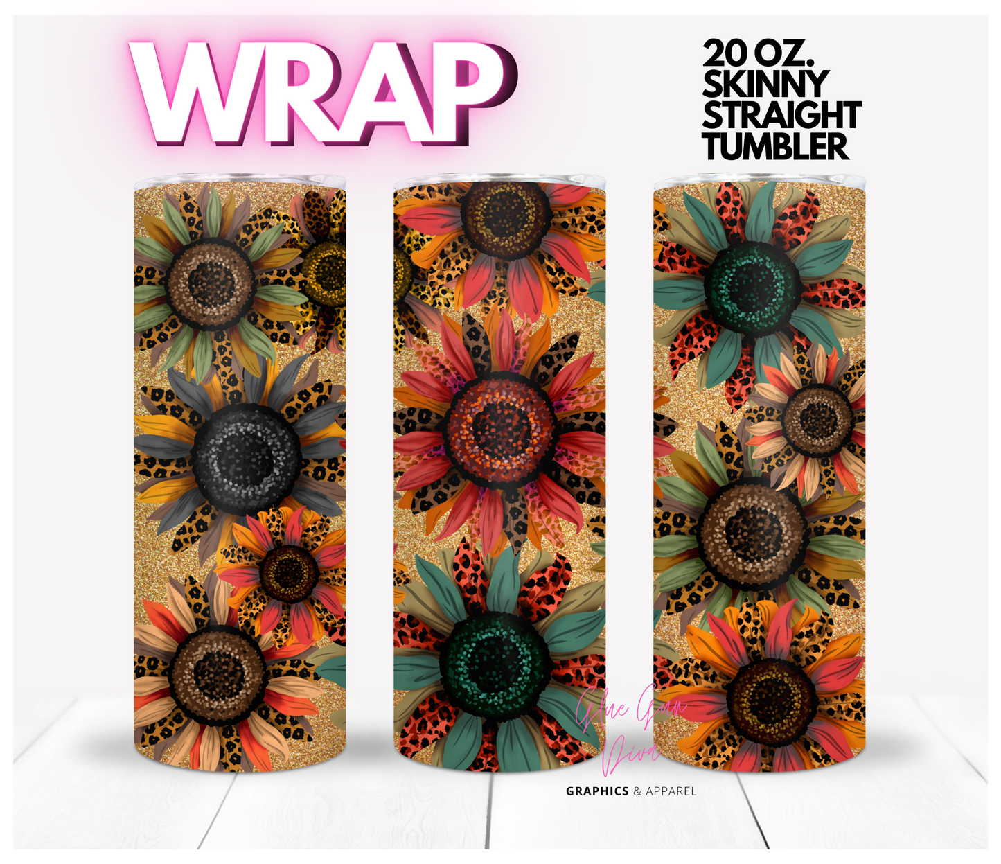 Animal Print Sunflowers -  Digital tumbler wrap for 20 oz skinny straight tumbler