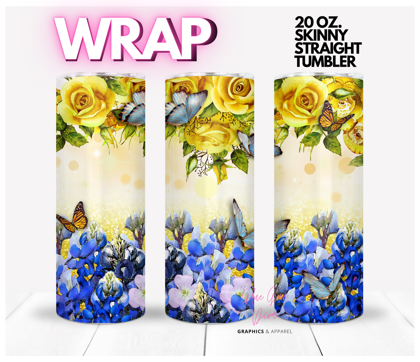 Blue Bonnets and Yellow Roses - Digital tumbler wrap for 20 oz skinny straight tumbler