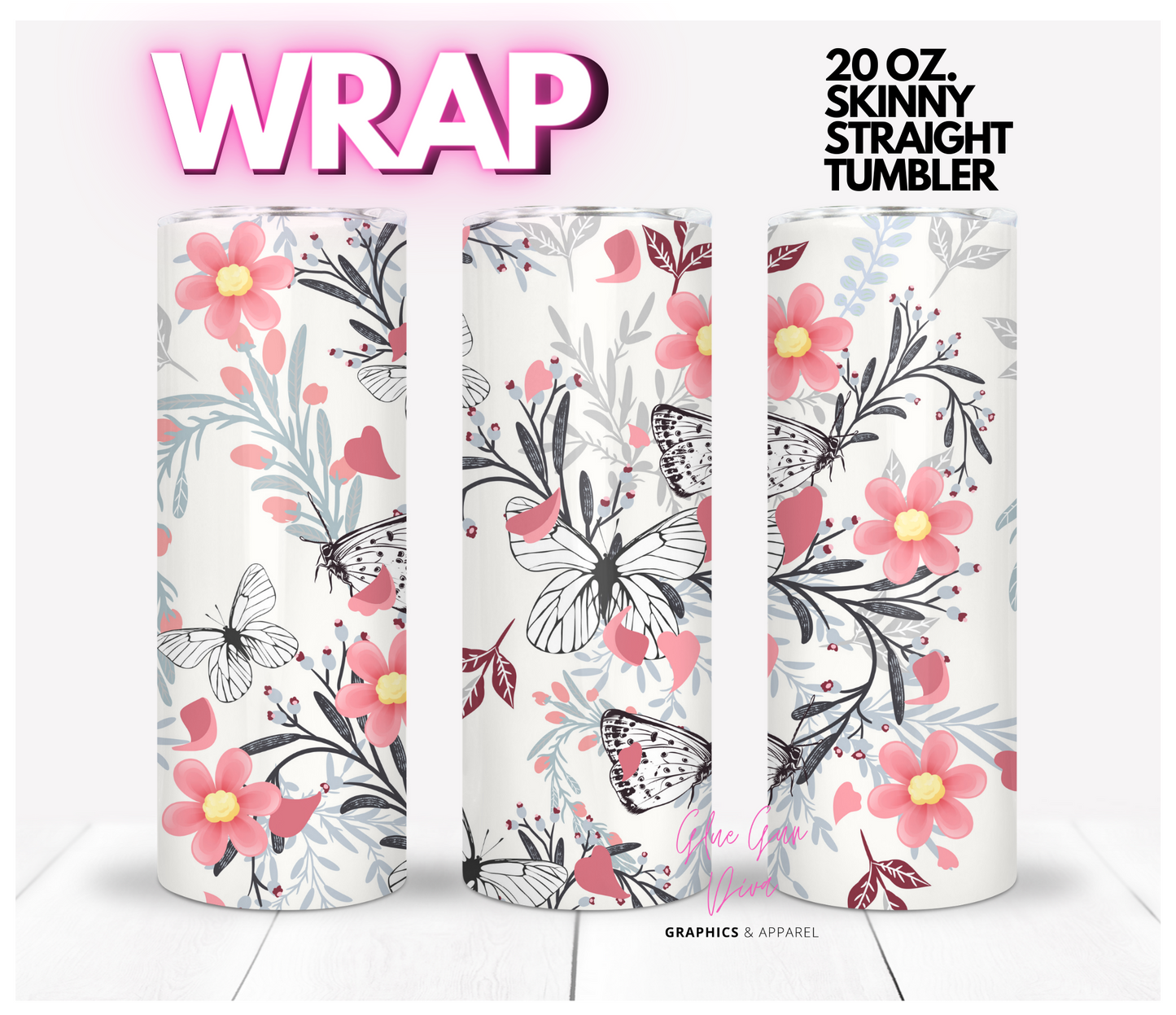 Pink flowers and Butterfly Sketches-   Digital tumbler wrap for 20 oz skinny straight tumbler