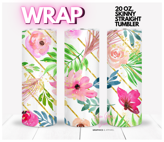 Flowers and Gold Stripes- Digital tumbler wrap for 20 oz skinny straight tumbler