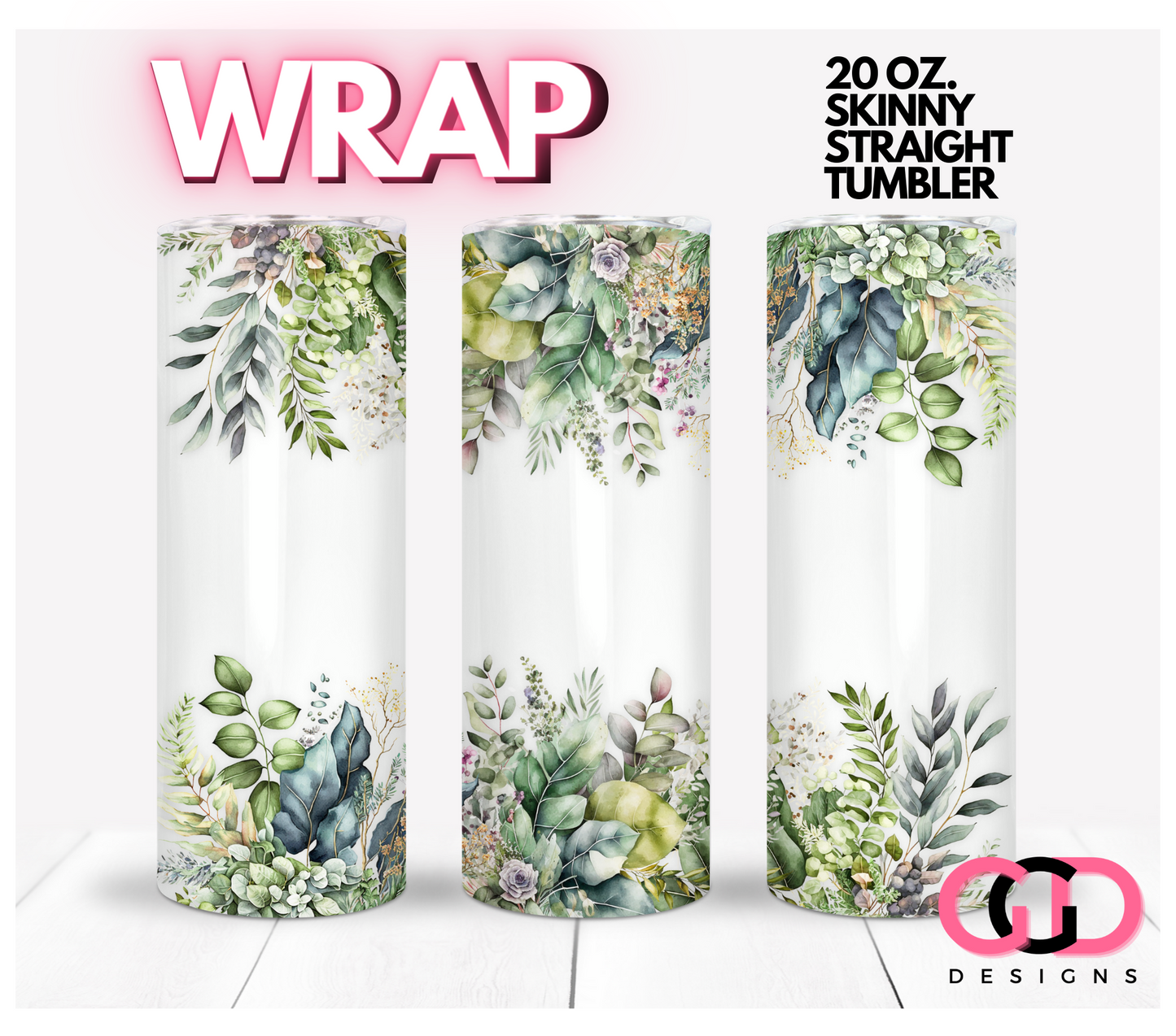 Green Foliage Border-   Digital tumbler wrap for 20 oz skinny straight tumbler