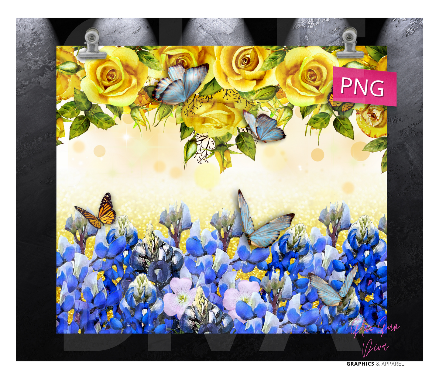 Blue Bonnets and Yellow Roses - Digital tumbler wrap for 20 oz skinny straight tumbler