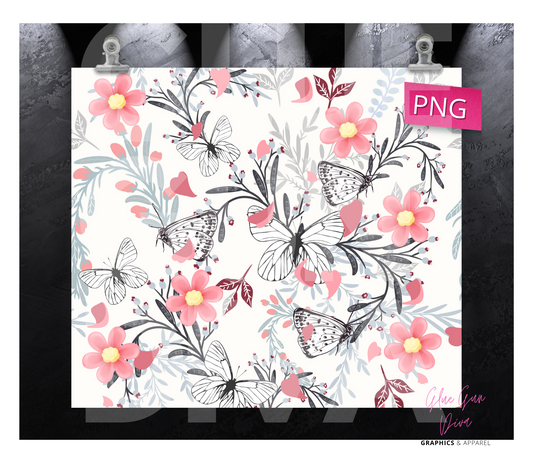 Pink flowers and Butterfly Sketches-   Digital tumbler wrap for 20 oz skinny straight tumbler