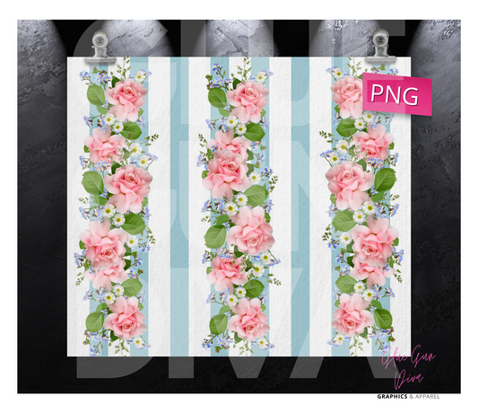 Roses and Blue stripes- Digital tumbler wrap for 20 oz skinny straight tumbler