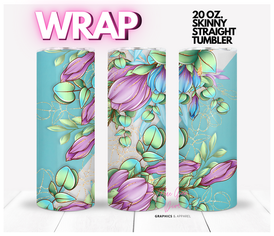 Teal Purple flowers - Digital tumbler wrap for 20 oz skinny straight tumbler