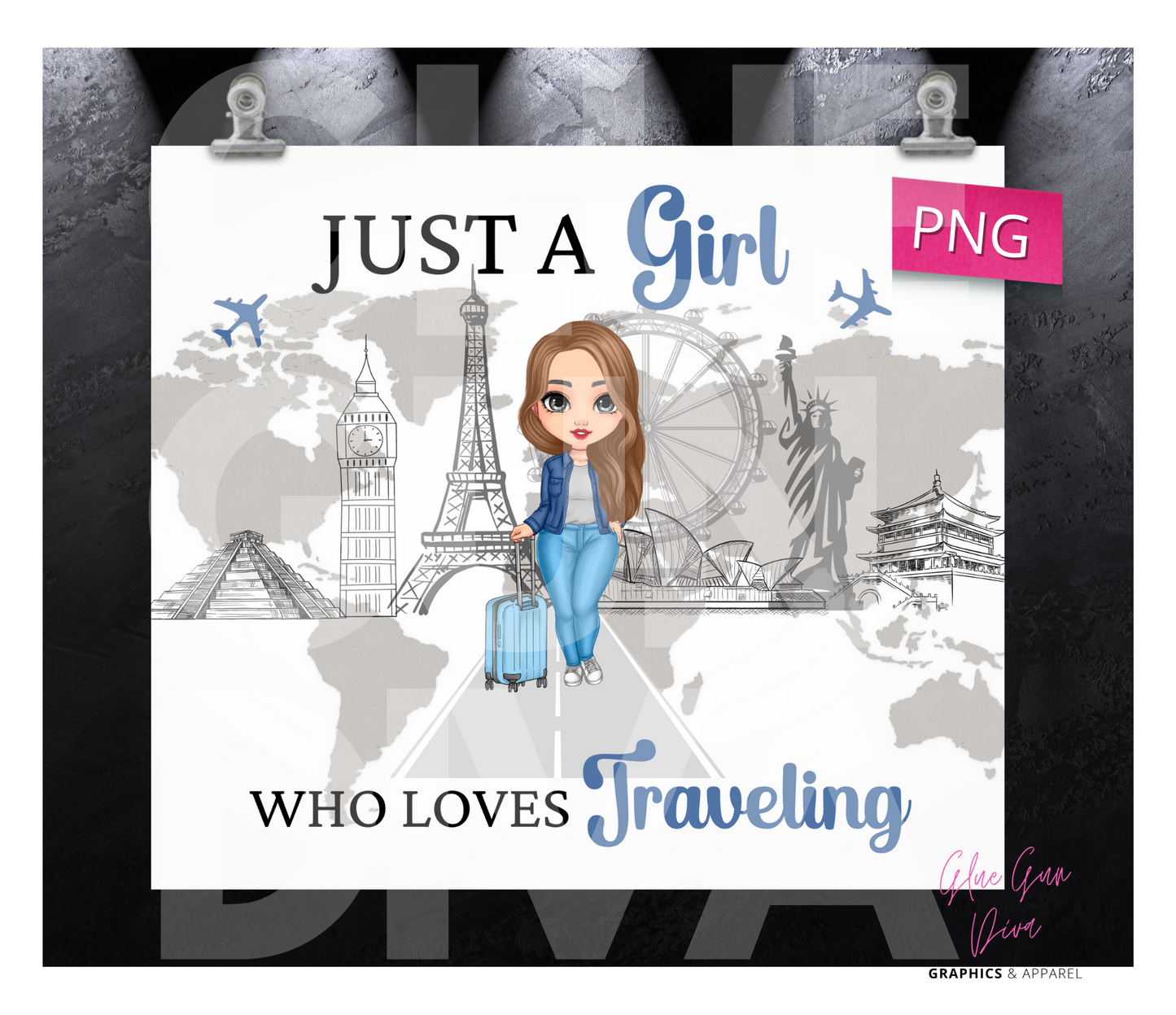 Travel Girl Skin tone 1-  Digital tumbler wrap for 20 oz skinny straight tumbler