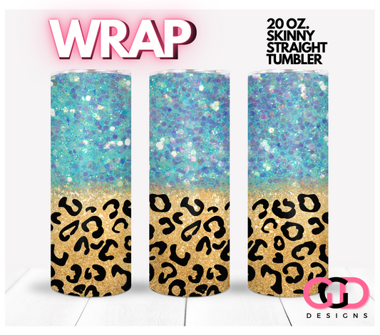 Leopard Gold and Light Blue Glitter - Wine- Digital tumbler wrap for 20 oz skinny straight tumbler