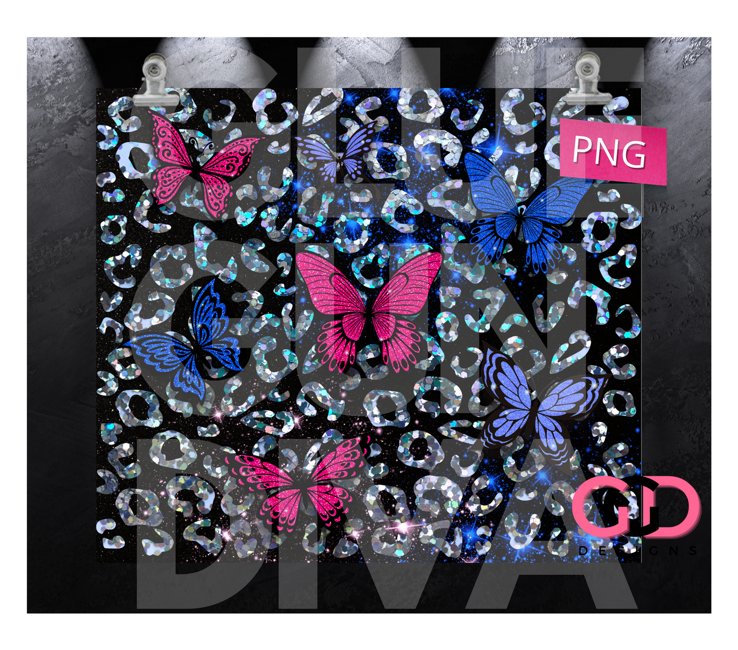 Glitter Butterflies and Leopard-   Digital tumbler wrap for 20 oz skinny straight tumbler