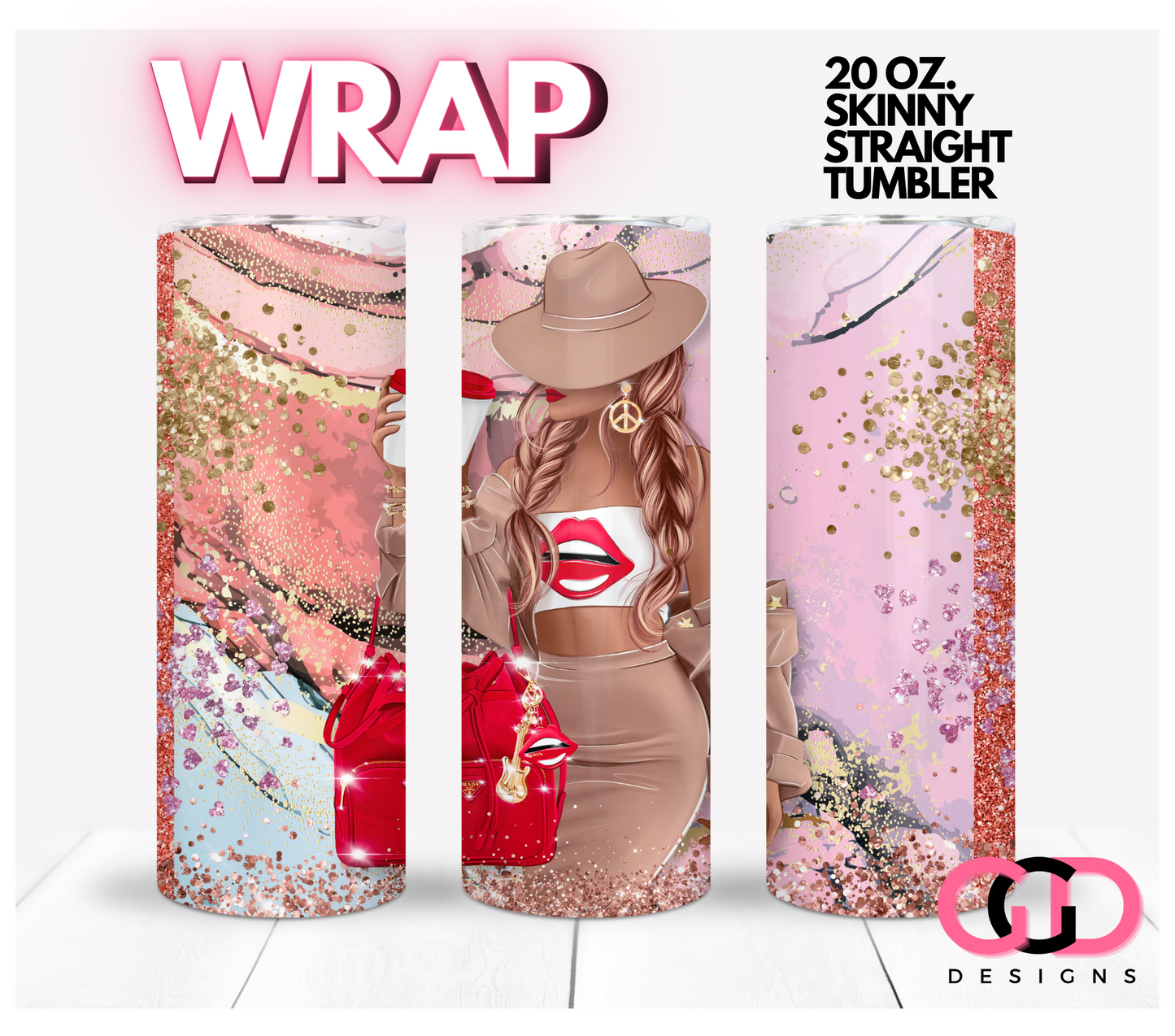 Red Lips and Bag Skin Tone 1-   Digital tumbler wrap for 20 oz skinny straight tumbler