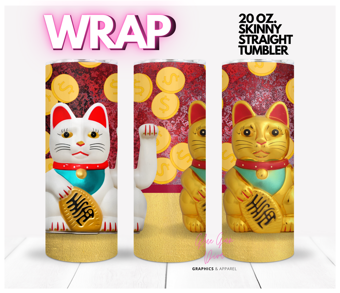 Lucky Cats - Digital tumbler wrap for 20 oz skinny straight tumbler